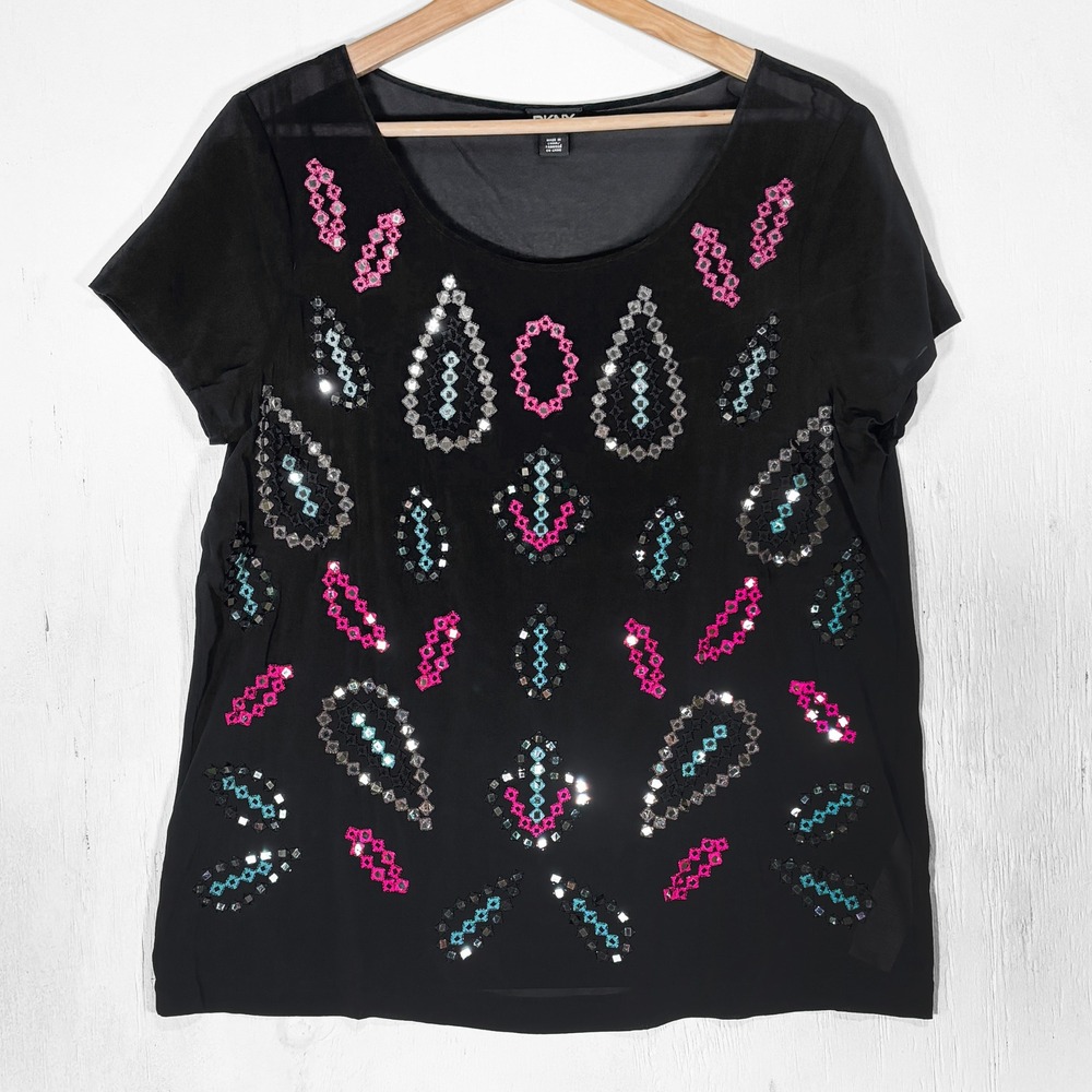 DKNY Silk Blend Embroidered Sheer Sequin Blouse Womens L Pink Teal Mirrored